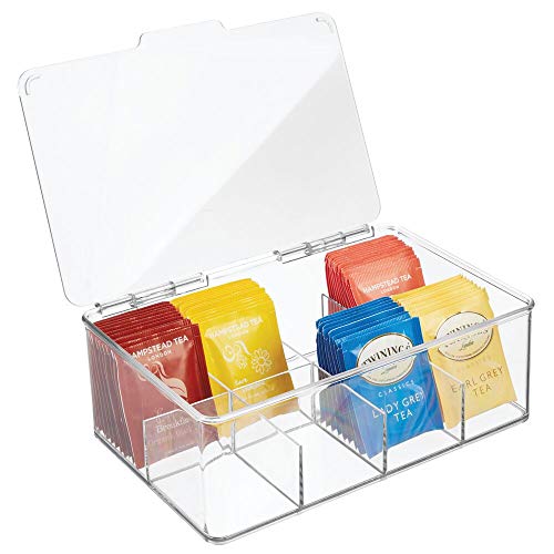 mDesign Caja para té con 8 compartimentos – Caja para bolsas de té con tapa abatible para proteger el contenido – Caja de plástico para guardar té e infusiones – transparente