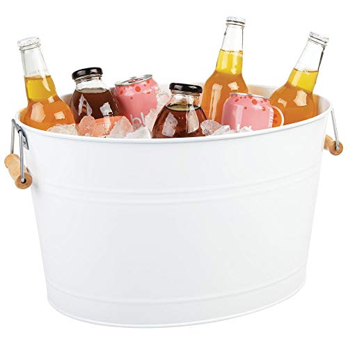 mDesign Champanera de acero – Enfriador de botellas decorativo con asas de bambú – Ideal como cubo para enfriar bebidas como vino, cerveza, cava o refrescos – blanco