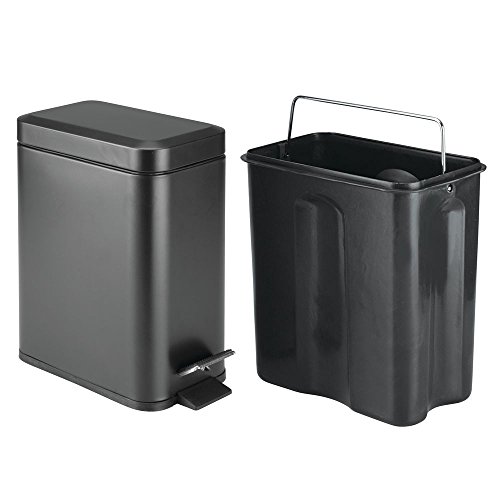 mDesign Cubo de basura rectangular – 5 litros – Compacto contenedor de residuos con cubeta interior para oficina, baño o dormitorio – Moderna papelera de metal y plástico – negro