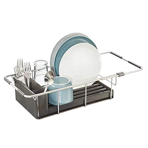 mDesign escurreplatos de encimera con Cesta para Cubiertos - Práctico escurridor de vajilla de Aluminio Inoxidable - Seca Platos, Vasos, Copas y Cubiertos - Color Ahumado/Plateado