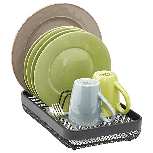 mDesign Escurridor de platos compacto para el fregadero o la encimera – Bandeja escurreplatos con 6 ranuras para platos – Cesta metálica para secar platos, vasos y cubiertos – negro