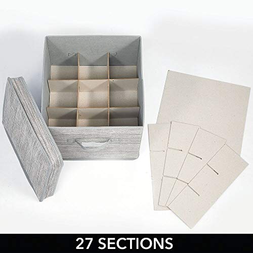 mDesign Juego de 2 cajas organizadoras con 27 subdivisiones – Organizador de armario de fibra sintética y cartón para lazos y cintas – Moderna caja con compartimentos, tapa y asas – gris y beige