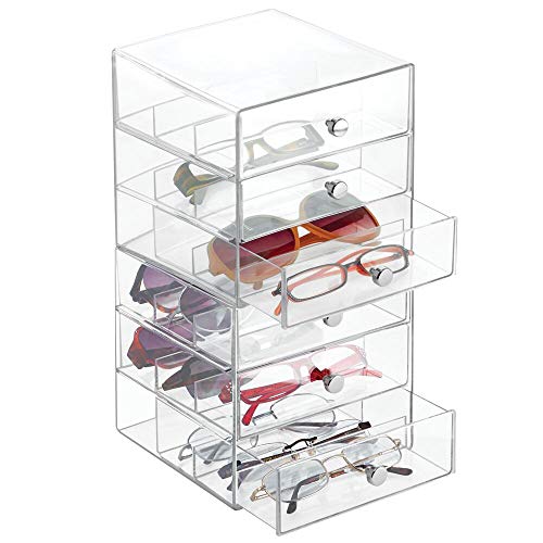 mDesign Juego de 2 guarda gafas con 3 cajones cada uno – Organizador de gafas de vista, de lectura o de sol – Expositor de gafas con subdivisiones fabricado en plástico – transparente