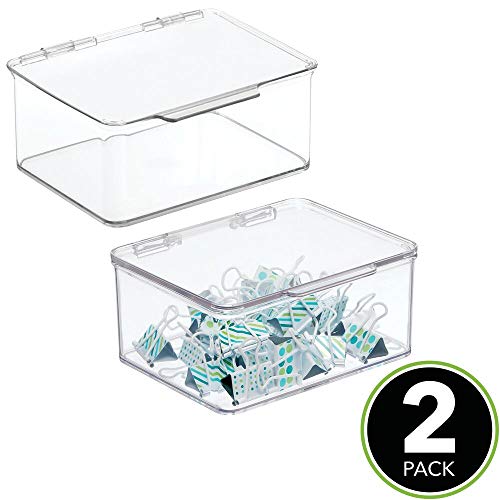 mDesign Juego de 2 organizadores de escritorio – Organizador de oficina apilable de plástico sin BPA – Caja de almacenamiento pequeña con tapa para lápices, gomas y demás material – transparente