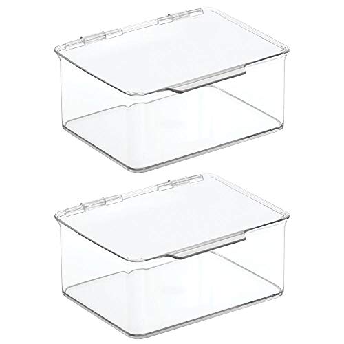 mDesign Juego de 2 organizadores de escritorio – Organizador de oficina apilable de plástico sin BPA – Caja de almacenamiento pequeña con tapa para lápices, gomas y demás material – transparente