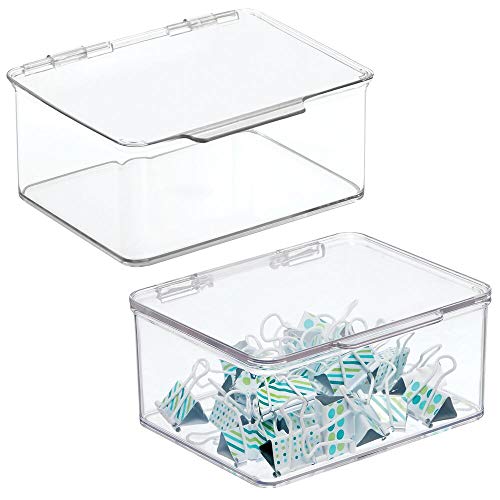 mDesign Juego de 2 organizadores de escritorio – Organizador de oficina apilable de plástico sin BPA – Caja de almacenamiento pequeña con tapa para lápices, gomas y demás material – transparente