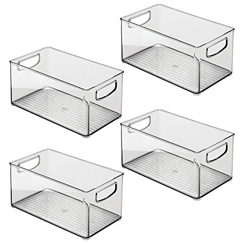 mDesign Juego de 4 cajas organizadoras con asas integradas – Caja de almacenaje para utensilios de cocina, baño o material de oficina – Organizador de escritorio en plástico – gris/transparente