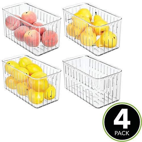 mDesign Juego de 4 cajas plásticas organizadoras – Práctico organizador de despensa sin tapa – Organizador de nevera con ranuras laterales de ventilación – transparente