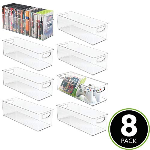 mDesign Juego de 8 cajas de almacenaje apilables para guardar DVD – Sistema de almacenaje con asas para DVD, CD y videojuegos – Caja para DVD de plástico – transparente