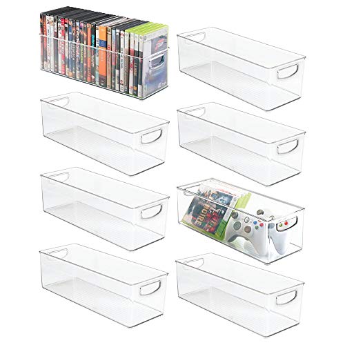 mDesign Juego de 8 cajas de almacenaje apilables para guardar DVD – Sistema de almacenaje con asas para DVD, CD y videojuegos – Caja para DVD de plástico – transparente