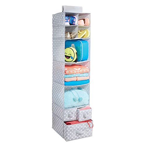 mDesign Organizador Colgante con 7 estantes y 3 cajones – Armario Perchero de Tela con Estampado de Puntos – Colgador para Zapatos Ideal para el Pasillo y el Dormitorio – Gris/Blanco