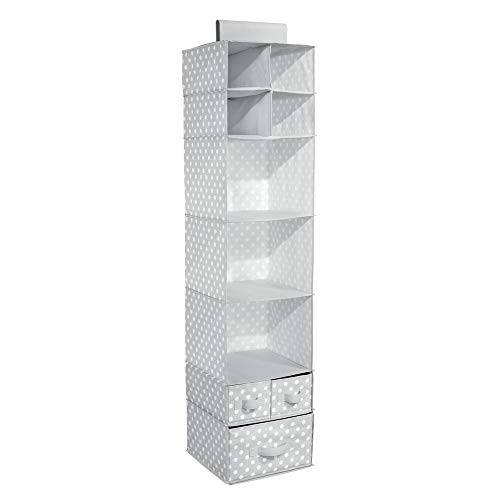 mDesign Organizador Colgante con 7 estantes y 3 cajones – Armario Perchero de Tela con Estampado de Puntos – Colgador para Zapatos Ideal para el Pasillo y el Dormitorio – Gris/Blanco