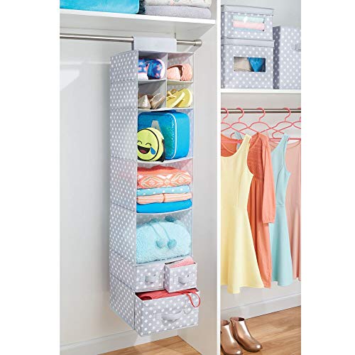 mDesign Organizador Colgante con 7 estantes y 3 cajones – Armario Perchero de Tela con Estampado de Puntos – Colgador para Zapatos Ideal para el Pasillo y el Dormitorio – Gris/Blanco