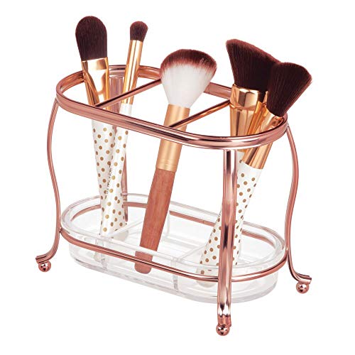 mDesign Organizador de cosméticos – Moderno porta brochas de maquillaje para el baño – Elegante soporte para pinceles de maquillaje de metal inoxidable – rosa dorado