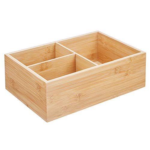 mDesign Organizador de tapaderas – Práctica caja de almacenaje con 3 compartimentos para ordenar tapas – Moderna caja organizadora para la despensa – color natural