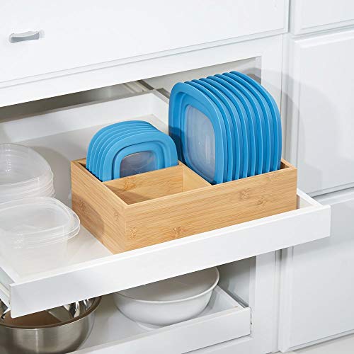 mDesign Organizador de tapaderas – Práctica caja de almacenaje con 3 compartimentos para ordenar tapas – Moderna caja organizadora para la despensa – color natural