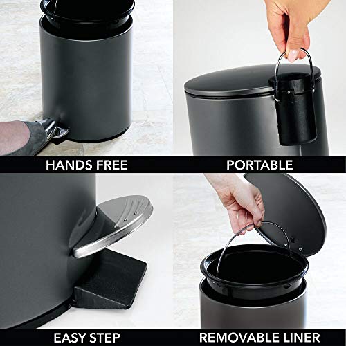 mDesign Papelera de baño Redonda – Cubo metálico de 5 litros con Pedal, tapadera y Cubo Interior de plástico – Elegante contenedor de residuos de Acero para baño, Cocina y Oficina – Negro