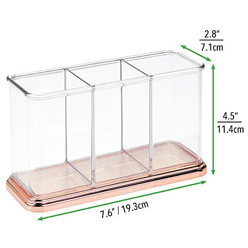 mDesign Práctico organizador de maquillaje – Decorativa caja para guardar cosméticos como esmaltes de uñas o polveras – Expositor de maquillaje con 3 compartimentos – transparente y dorado rojizo