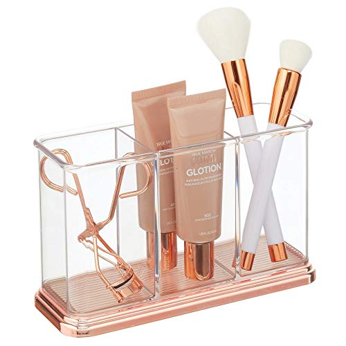 mDesign Práctico organizador de maquillaje – Decorativa caja para guardar cosméticos como esmaltes de uñas o polveras – Expositor de maquillaje con 3 compartimentos – transparente y dorado rojizo