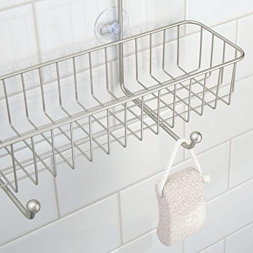 mDesign Repisas para baño sin taladros – Organizador de baño de Metal Resistente para champú, Gel y Otros – Estantes para baño para Colgar de la Ducha – con 2 bandejas y 2 Ganchos – Plateado Mate