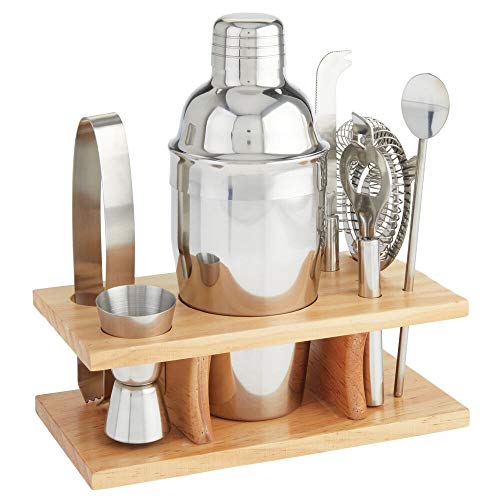 mDesign Set de coctelería de 8 Piezas – Vaso Mezclador y Accesorios de Acero con Base de bambú – Coctelera para Mezclar Bebidas y cócteles – Plateado