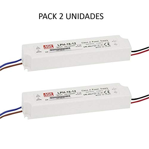 Meanwell - 2 x Transformador 220V a 12V impermeable exterior para tiras LED 18W- Mean Well LPH-18-12 12V 1,5 A 18 W IP67 - Alimentador 12V estanco - Pack 2 fuente de alimentación 220 v a 12 v