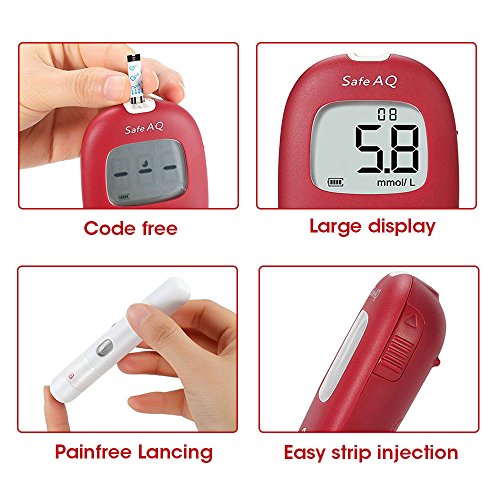 Medidor de glucosa en sangre - Safe AQ Smart - Kit de control de diabetes Kit de prueba de azúcar en sangre Sin codificación con 50 tiras de prueba de glucosa en sangre mg/dL