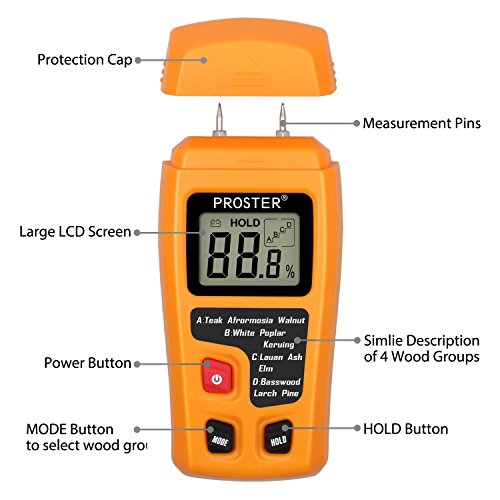 Medidor de Humedad, Proster Humidímetros LCD Medidor de Humedad de Madera Digital Detector 2 Pin Apagado Automático para Materiales de Madera