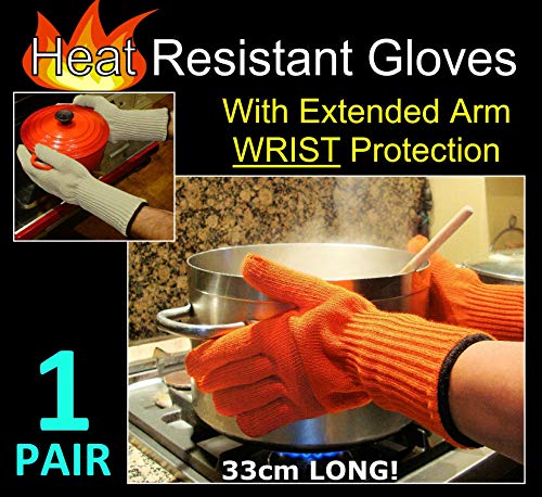 Medipaq Guantes de Cocina con Larga Protección de Muñeca – Guantes de Horno para Sostener Platos Calientes con Seguridad – Guantes Resistentes al Calor Uso Profesional y Hogar – 1x Par - Naranja