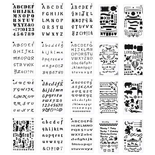 Meetory - Juego de 20 plantillas de letras y números, diseño de alfabeto para tamaño A5 para revistas, álbumes de recortes, pintura y manualidades