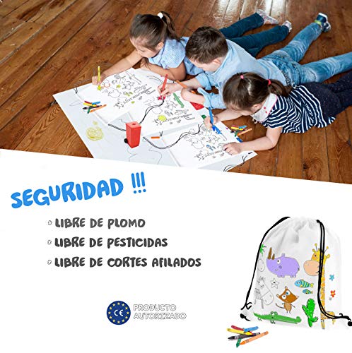 Mega Pack de 30 Mochilas para Pintar con Ceras - Diversión Asegurada - Original Regalo para Cumpleaños, Fiestas Infantiles en el Colegio y Comuniones - Incluye Regalos Extra para Divertido Concurso