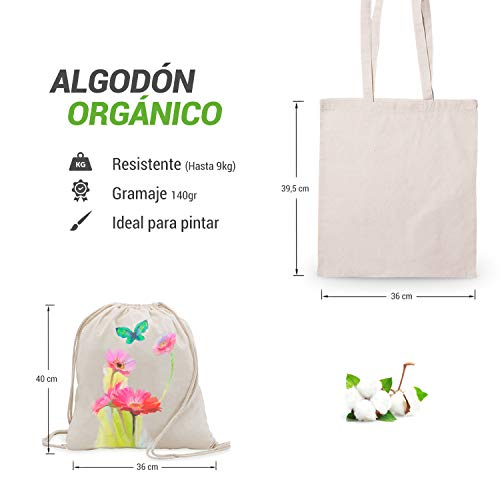 Mega Pack de Bolsas y Mochilas reutilizables de Cuerdas de Algodón Orgánico en Color Natural - Ideal para Pintar Manualidades - Haz Regalos Originales - Diversión Asegurada - Incluye eBOOK Esencial