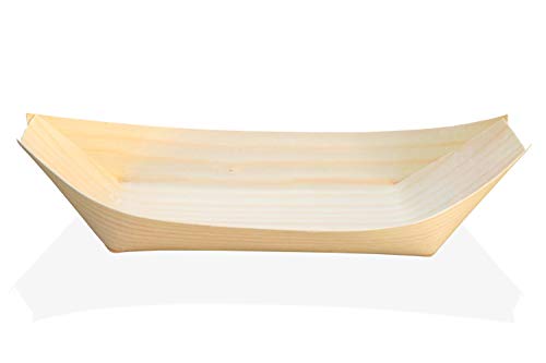 MEGYAR Platos de Bambú Ecológico en Forma de Bote para Catering – Paquete de 50 Platos Desechables Incluye 50 Tenedores de Madera Natural Resistentes y Fuertes