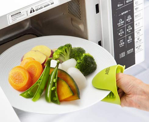 MEIJUBOL Guantes de silicona espesar soporte para ollas de agarre resistente al calor, juego de 2 pares (verde y naranja) para cocinar la cocina de la hornada de plato caliente y tazón