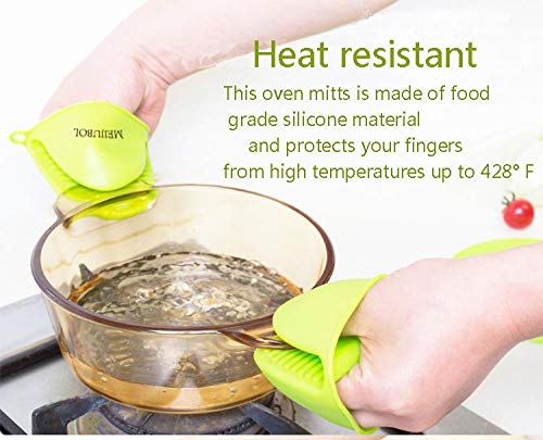 MEIJUBOL Guantes de silicona espesar soporte para ollas de agarre resistente al calor, juego de 2 pares (verde y naranja) para cocinar la cocina de la hornada de plato caliente y tazón