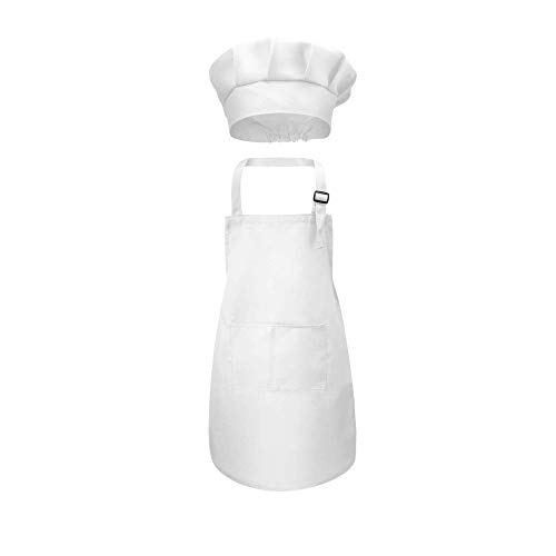 Mein HERZ Delantal Infantil + Gorro de Cocinero Infantil,Delantal de Cocina Infantil Delantales Infantiles,NiñOs Cocinando o Hecho a Mano/Ropa de Dibujo para NiñOs De Kindergarten (Blanco)