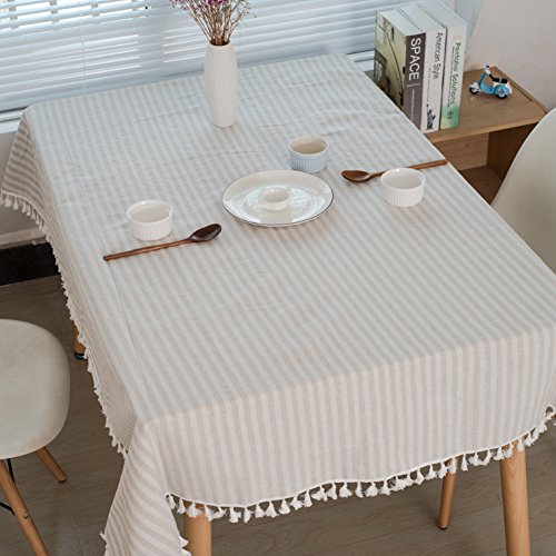 meioro Manteles Rectangular Mantel Antimanchas Mantel para Mesa de Lino Striped Tassel Tablecloth La decoración del hogar es Adecuada(Albaricoque / Rayas Blancas, 120×160cm)