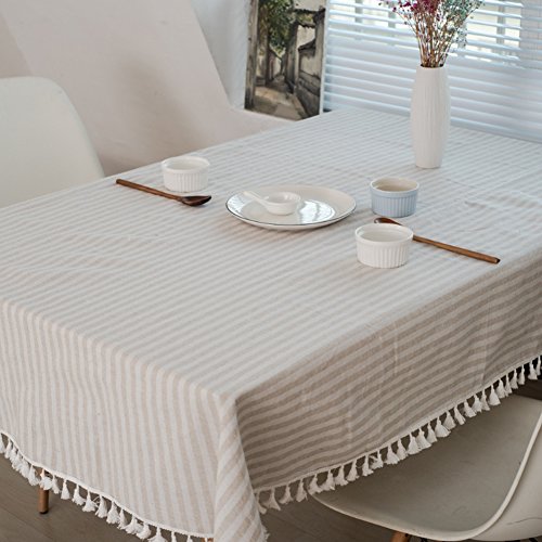 meioro Manteles Rectangular Mantel Antimanchas Mantel para Mesa de Lino Striped Tassel Tablecloth La decoración del hogar es Adecuada(Albaricoque / Rayas Blancas, 120×160cm)