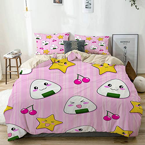 MEJX Bedding Juego de Funda de Edredón,Beige,Lindo Onigiri,Microfibra SIN Relleno,(Cama 220x240 + Almohada)