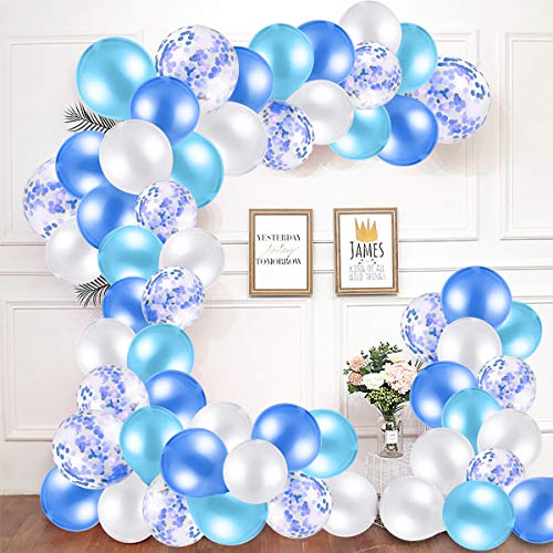 MELLIEX 120 Piezas Globos de Confeti Globos de Latex Kit de Guirnaldas de Globos con 10 Accesorios para Globos para Decoracion de Boda Cumpleaños Fiesta San Valentin, Blanco y Azul