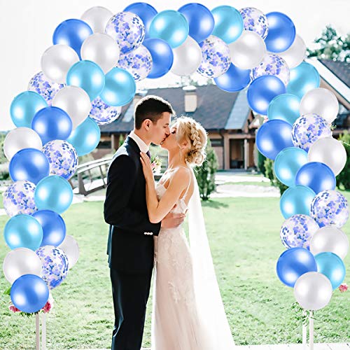 MELLIEX 120 Piezas Globos de Confeti Globos de Latex Kit de Guirnaldas de Globos con 10 Accesorios para Globos para Decoracion de Boda Cumpleaños Fiesta San Valentin, Blanco y Azul