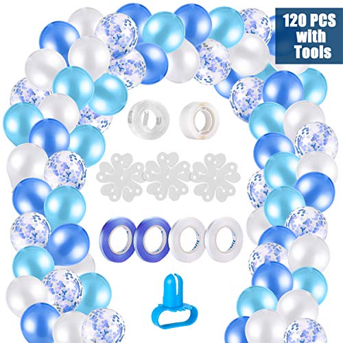 MELLIEX 120 Piezas Globos de Confeti Globos de Latex Kit de Guirnaldas de Globos con 10 Accesorios para Globos para Decoracion de Boda Cumpleaños Fiesta San Valentin, Blanco y Azul