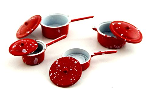 Melody Jane Accesorio de Cocina Miniatura Casa de Muñecas Rojo Metal Cacerolas Pan Juego 2106R