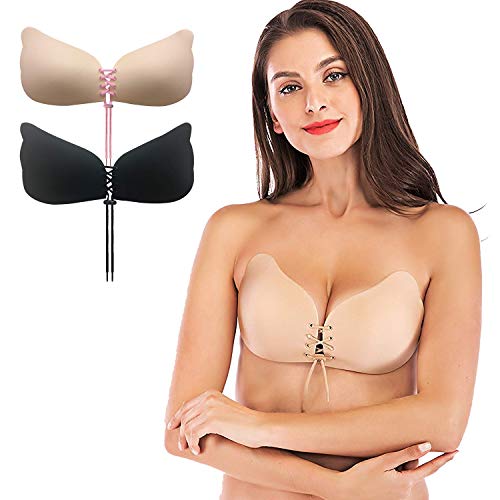 Memoryee 2 Pack Sujetador sin Tirantes sin Espalda, Reutilizable Silicona Invisible Sin Espalda Sujetador Silicona de Gel/Negro+beige-01/B