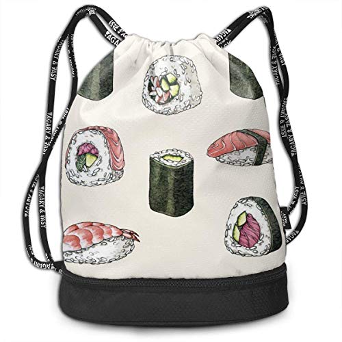 Men & Women Premium Polyester Drawstring Backpack California Japanese Roll Sushi Daypack Theft Proof Lightweight For School Soccer Baseball Bag Large Size For Camping, Runner