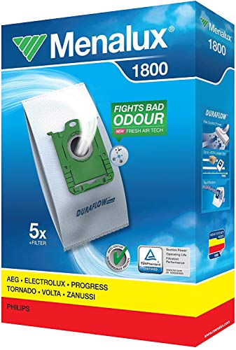 Menalux 1800 - Pack de 5 bolsas sintéticas y 1 filtro para aspiradoras AEG VX4, VX6, VX7, VX8 y VX9, Electrolux y Philips FC