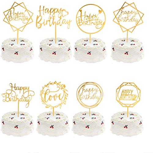 Meowoo Cake Topper Happy Birthday, 8PCS Cupcake Toppers Tarta Topper de Pastel de Cumpleaños Decoración Adecuado para Niños Hombres Mujeres Fiestas familiares de Cumpleaños (Dorado 8pcs)