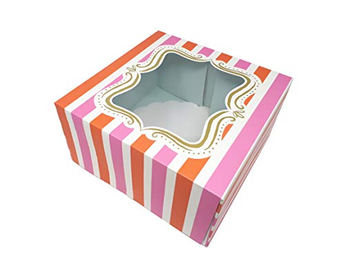 Meri Meri - Caja para tartas con ventana plegable (25,5 x 25,5 x 13 cm) Striped + Yummi