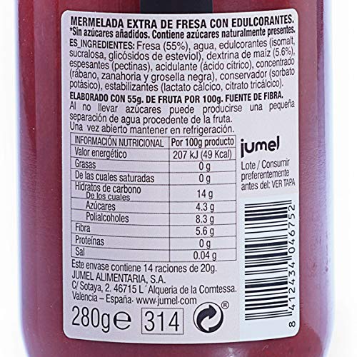 Mermelada sin azúcar Extra Fresa Jumel. Mermelada con Stevia. Mermelada gourmet, tu desayuno o merienda más saludable con todo el sabor. Pack de 4 unidades (1,49 €/u)