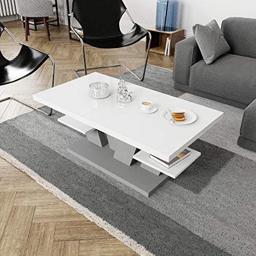 Mesa de centro para sala de estar blanca y gris con dos estantes, elegante y moderna mesa de centro blanca con tapa de alto brillo para té y café.
